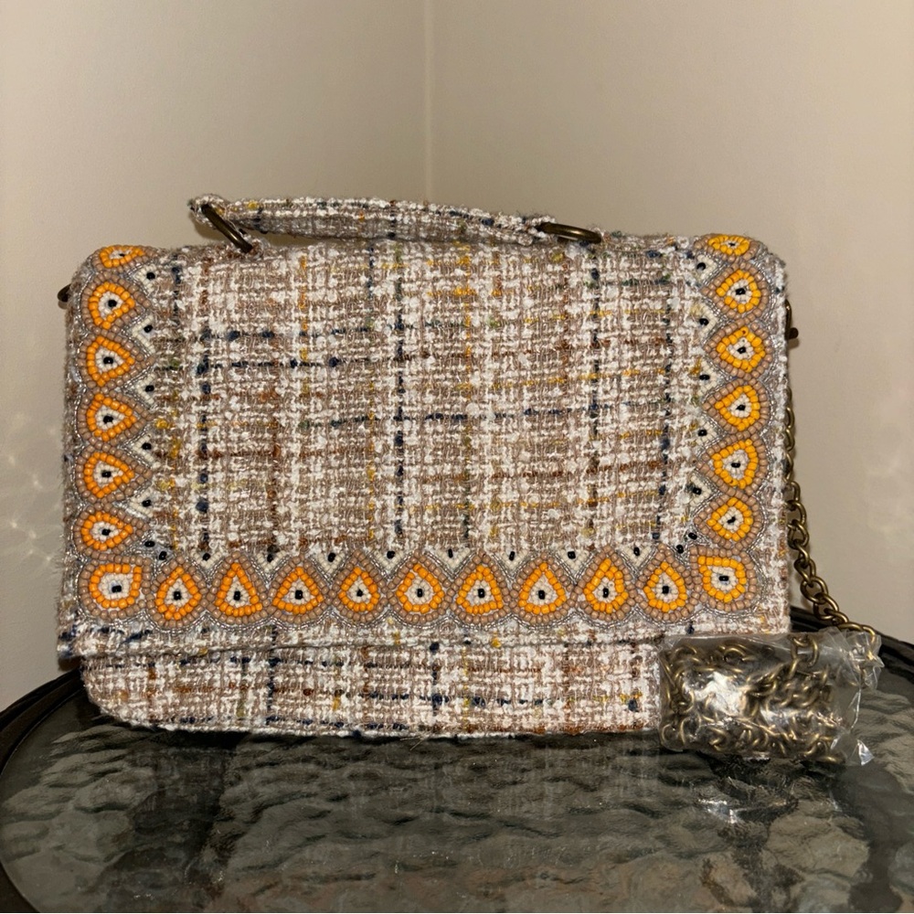 America & Beyond beaded tweed bag